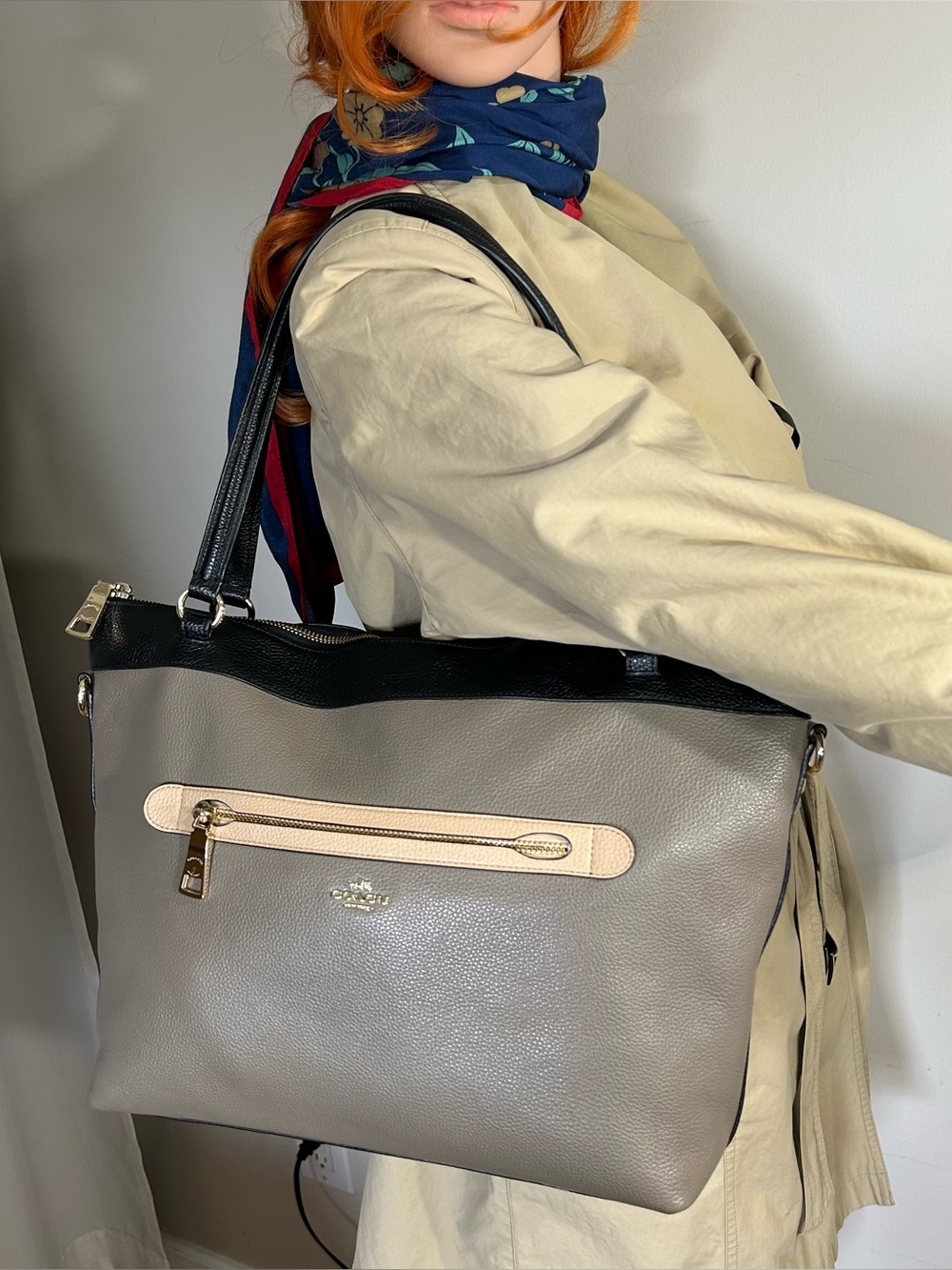 Coach Taupe Pebble Leather Tote with Black Trim & Cream Zip Accent